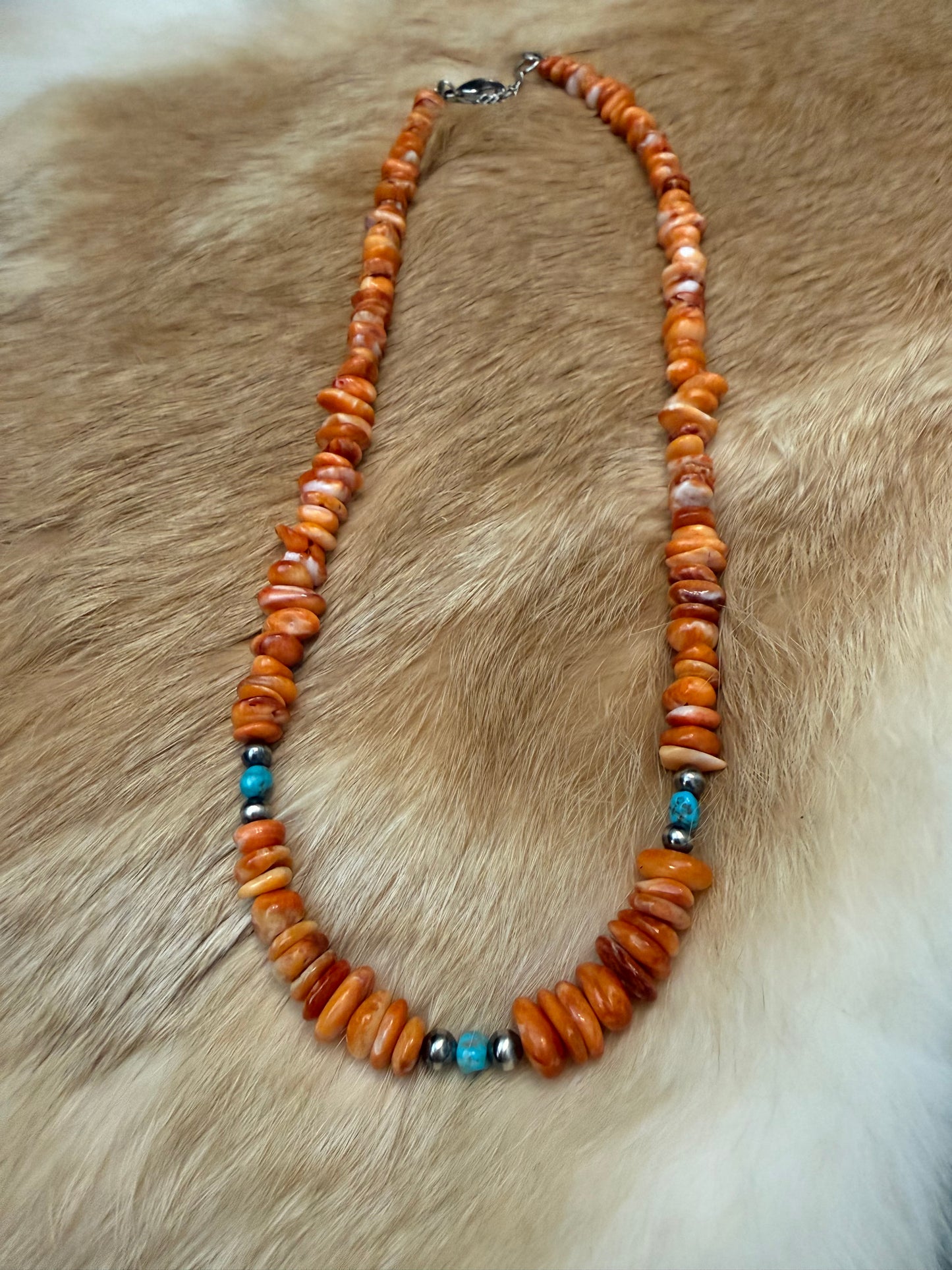 Orange Spiny Oyster & Turquoise Bead Necklace