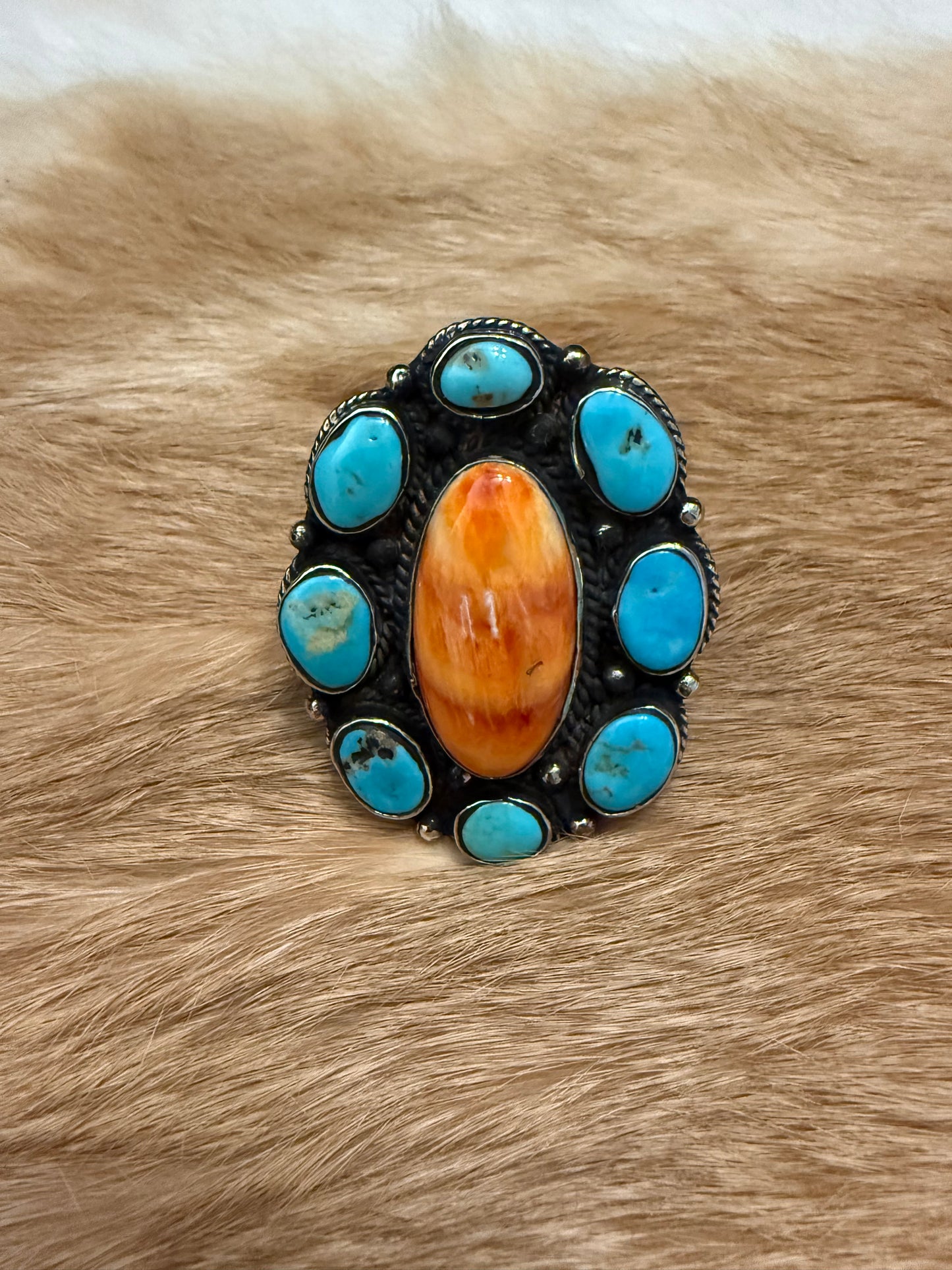 Orange Spiny Oyster & Turquoise Cluster Ring