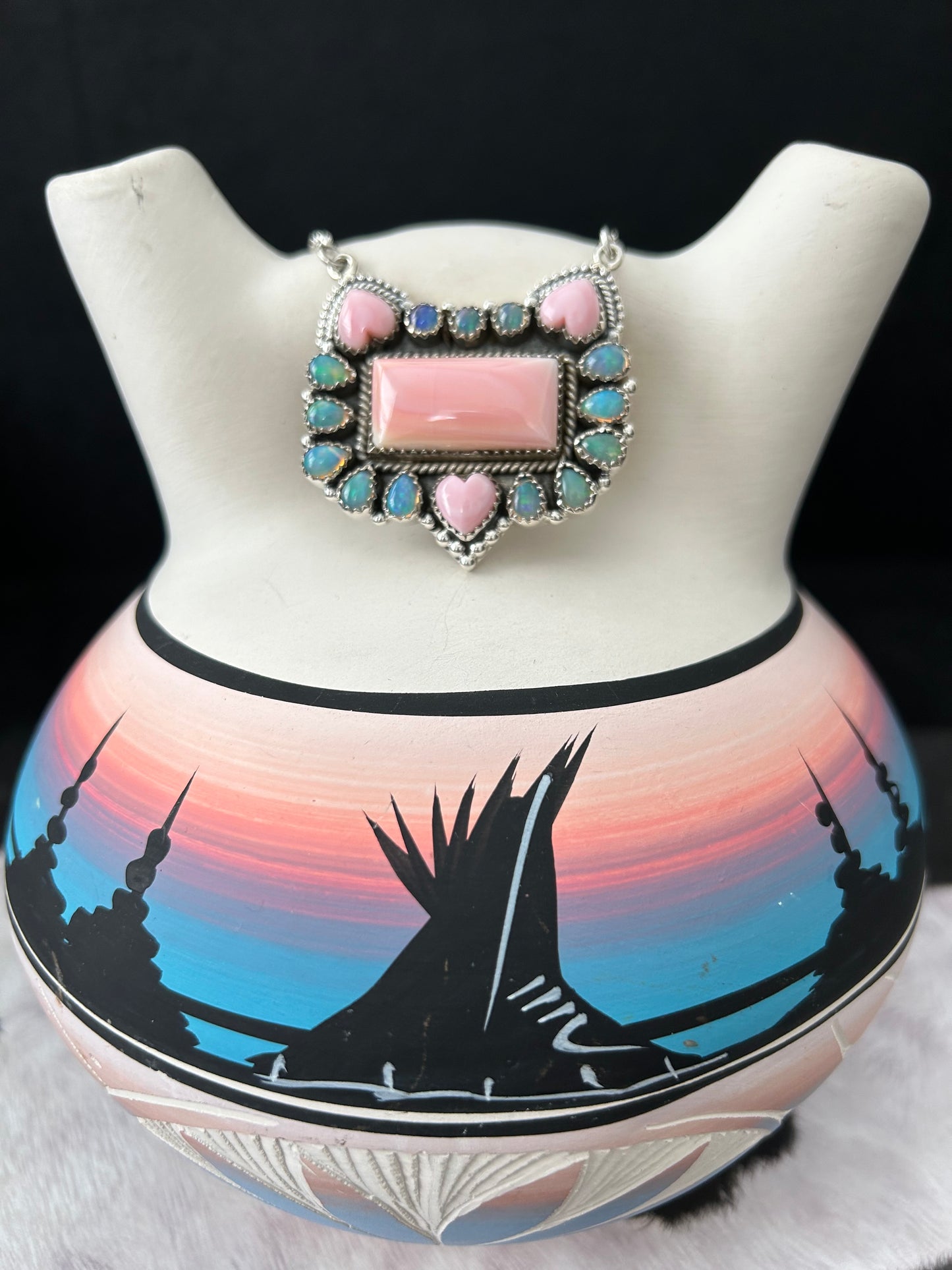 Sterling Silver Pink Conch and Opal Necklace