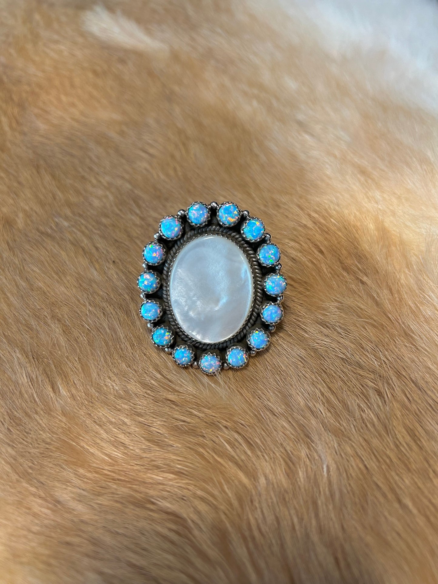 Sterling Silver Mother of Pearl and Opal Halo Ring