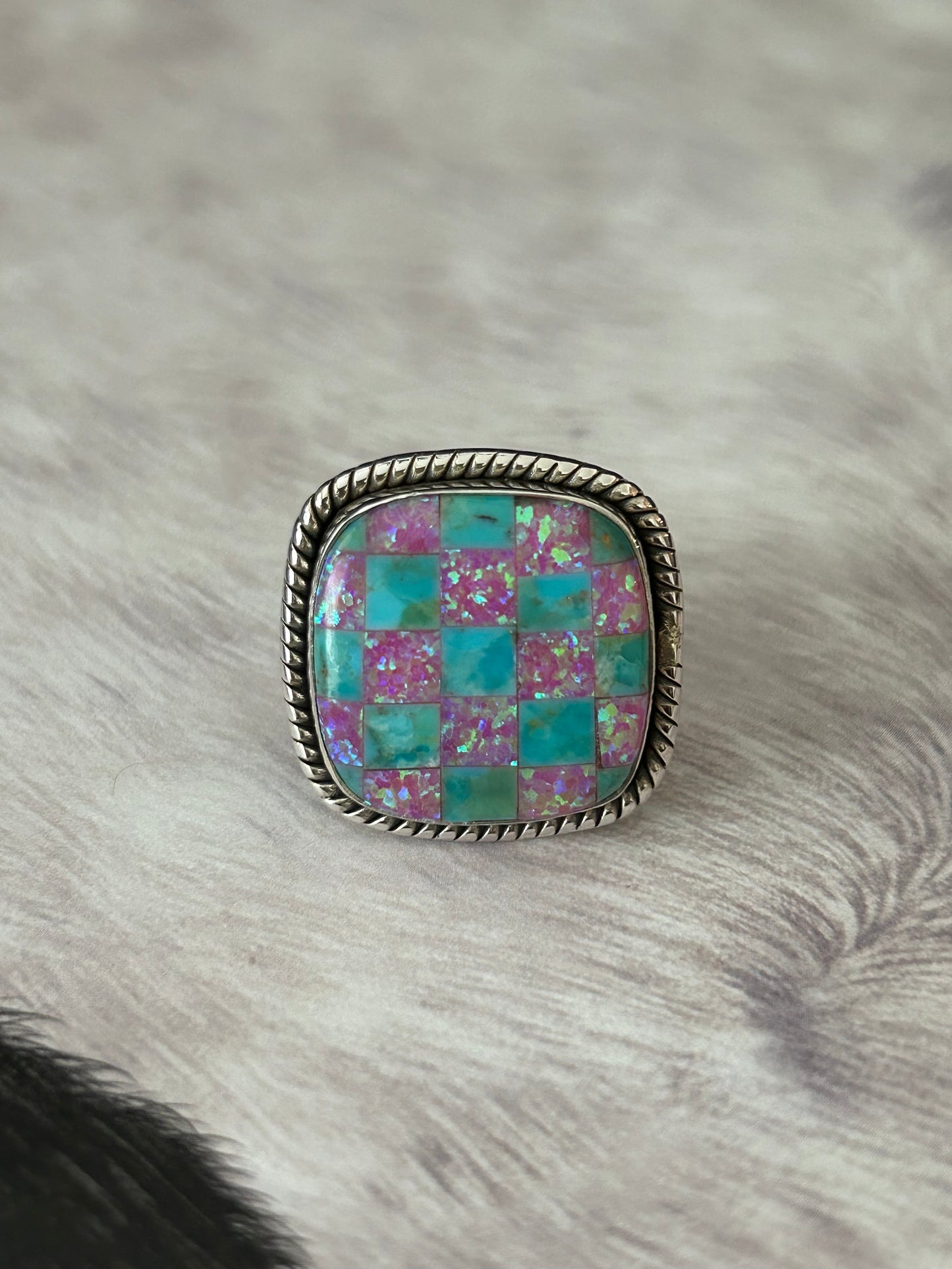 Southwest Checkerboard Pink Opal & Turquoise Ring