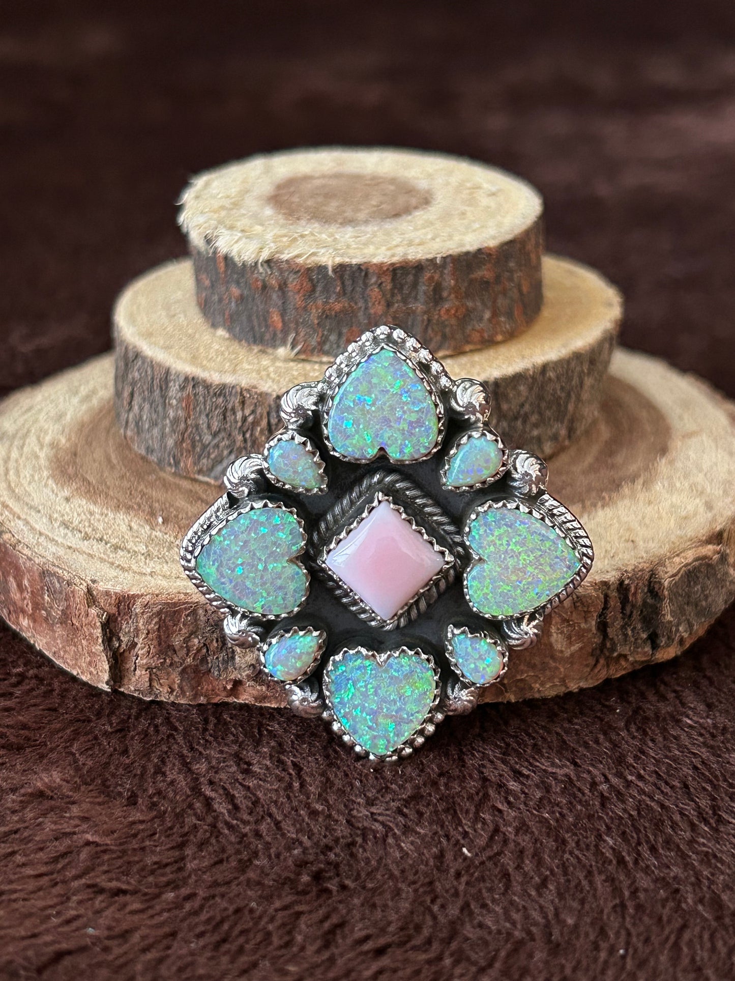 Southwest Sterling Silver with Opal Hearts & Pink Conch Statement Ring