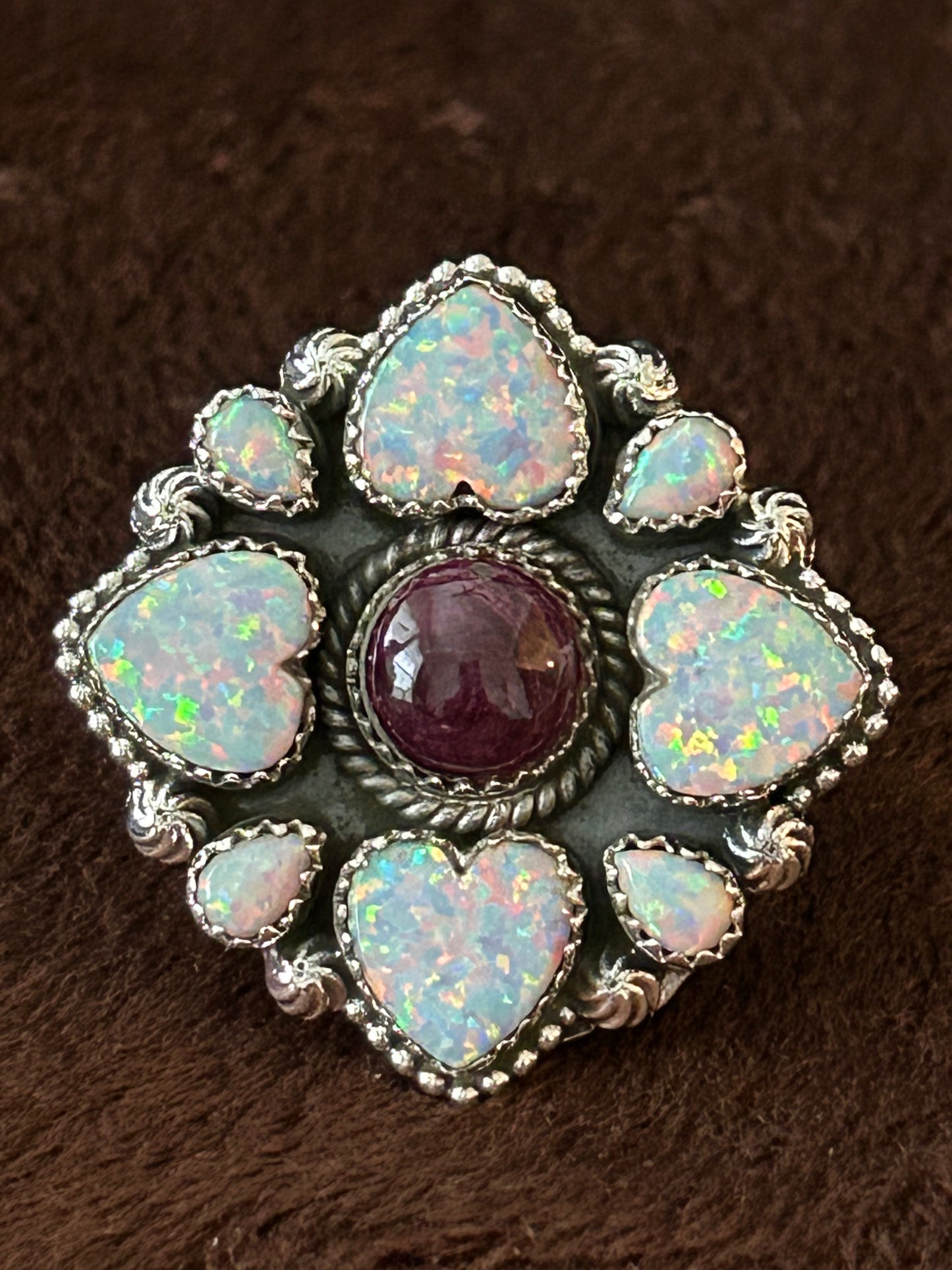 Southwest Sterling Silver Opal and Purple Spiny Oyster Statement Ring