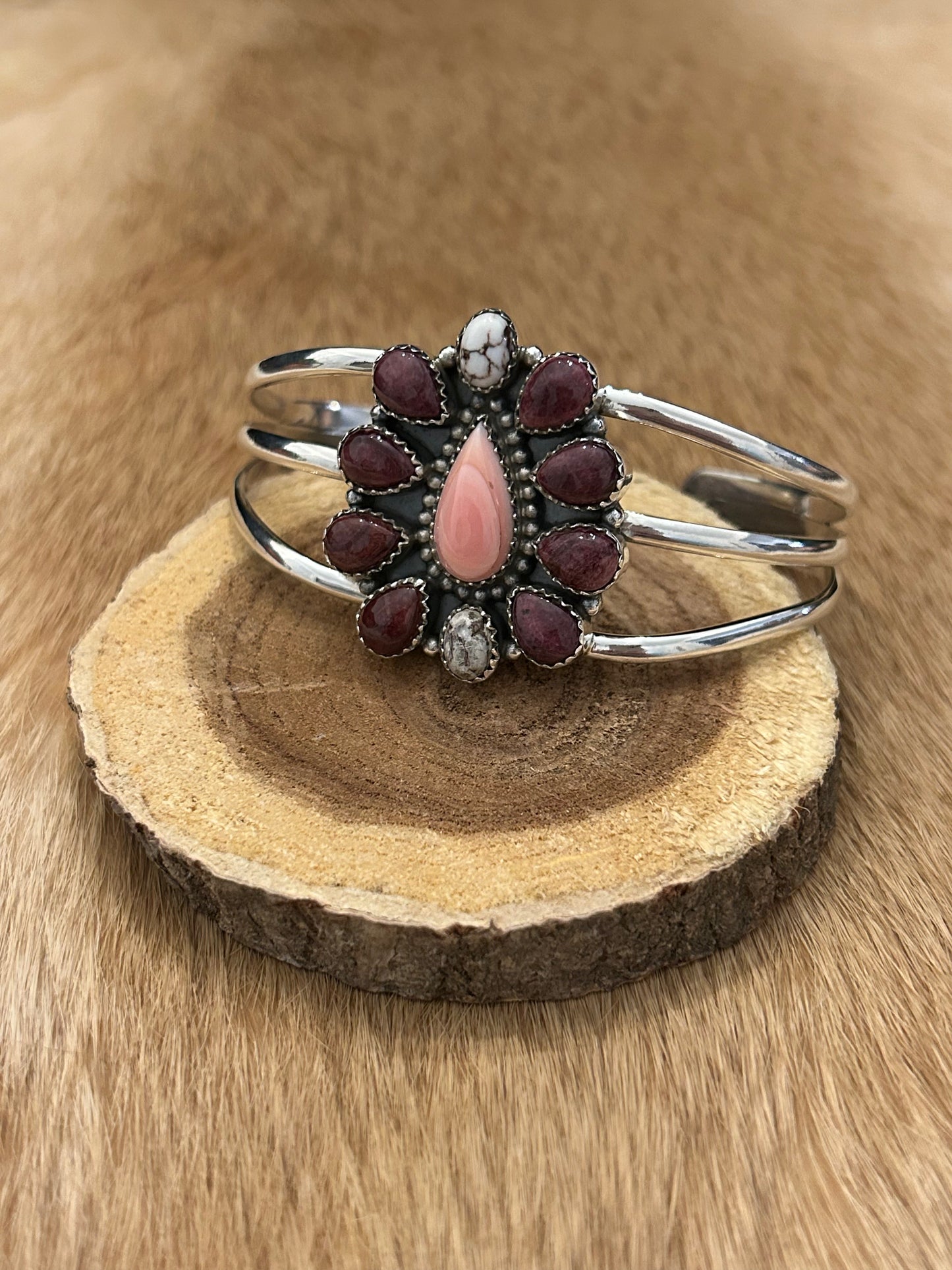 Southwest Purple Spiny Oyster, Wild Buffalo and Pink Conch Cuff Bracelet