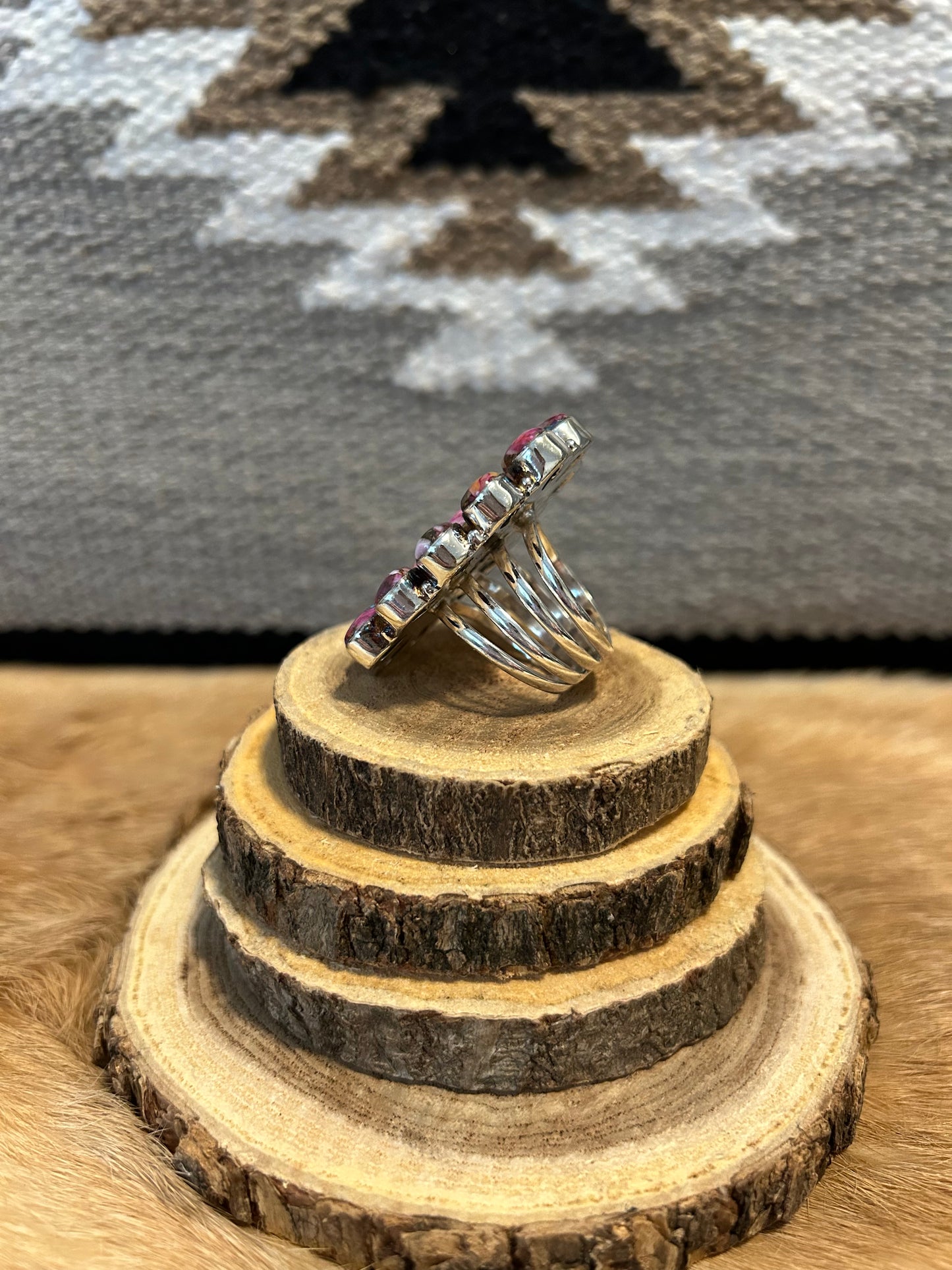 Southwest Pink Spiny Oyster & Turquoise Cluster Sterling Silver Ring