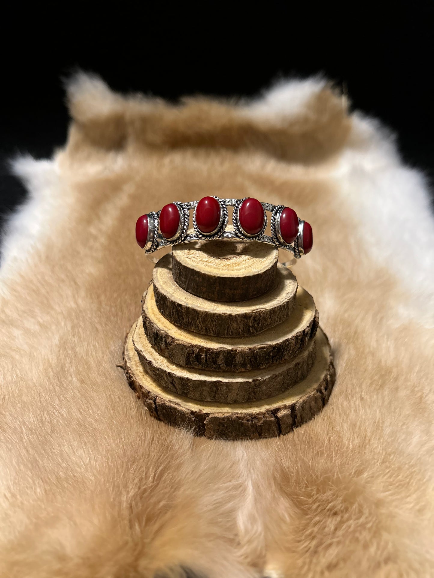 Southwest Red Coral Sterling Silver Cuff Bracelet