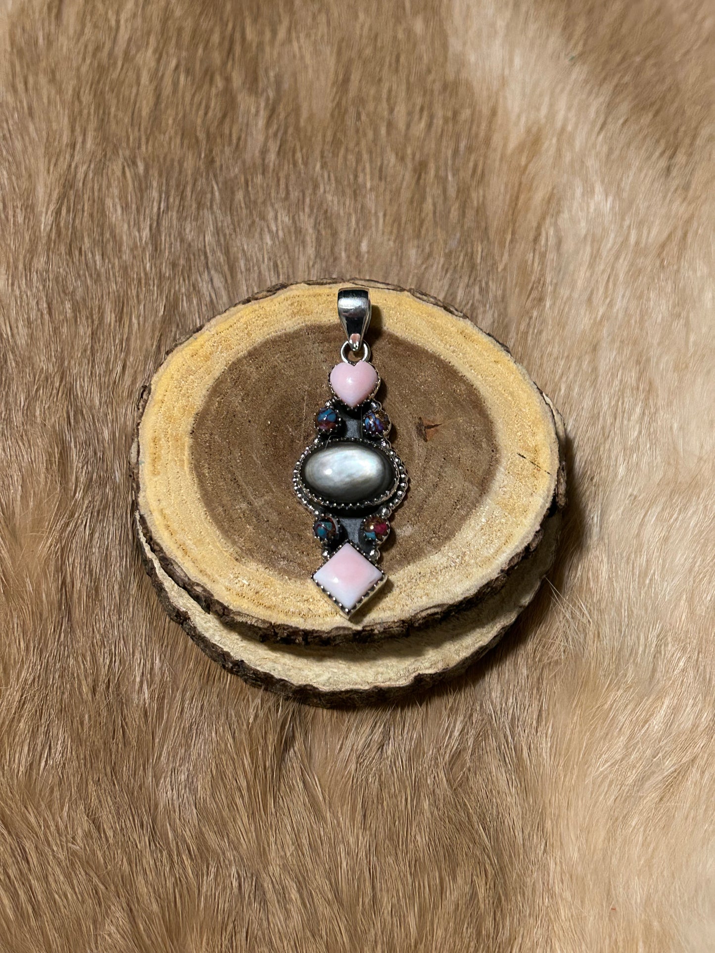 Southwestern Sterling Silver Pink Conch, Mother of Pearl, Spiny Oyster Pendant