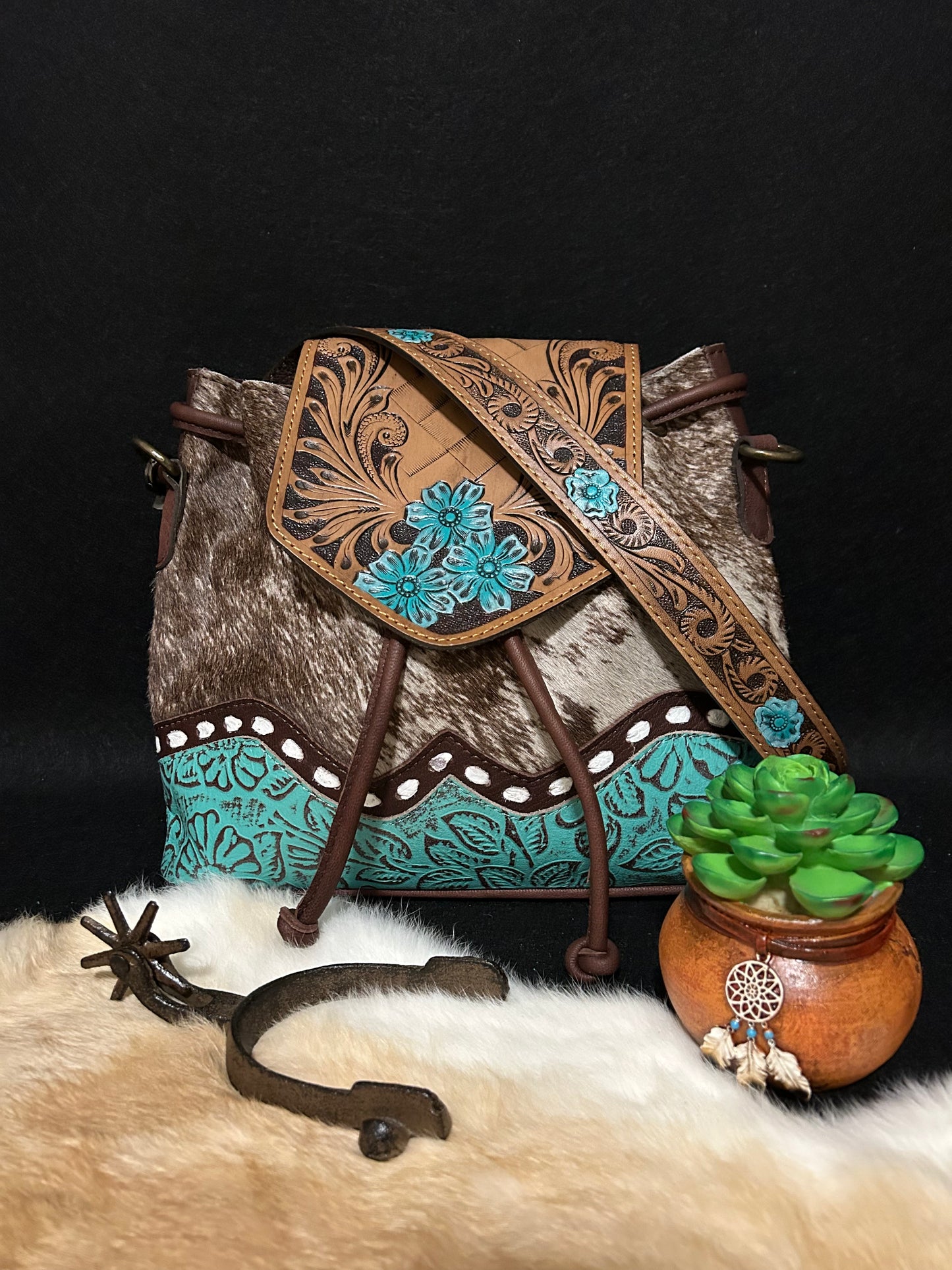 Rustic Bloom Tooled Leather & Cowhide Crossbody
