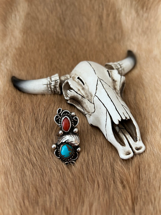 Vintage Navajo Turquoise and Coral Ring