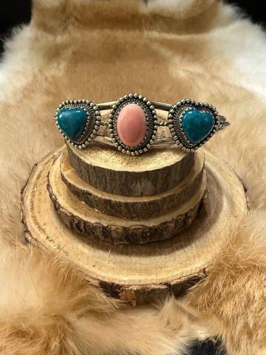 Pink Conch & Turquoise Sterling Silver Cuff Bracelet