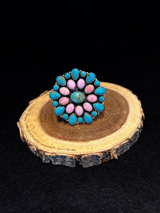 Large Sterling Silver Turquoise and Pink Conch Ring