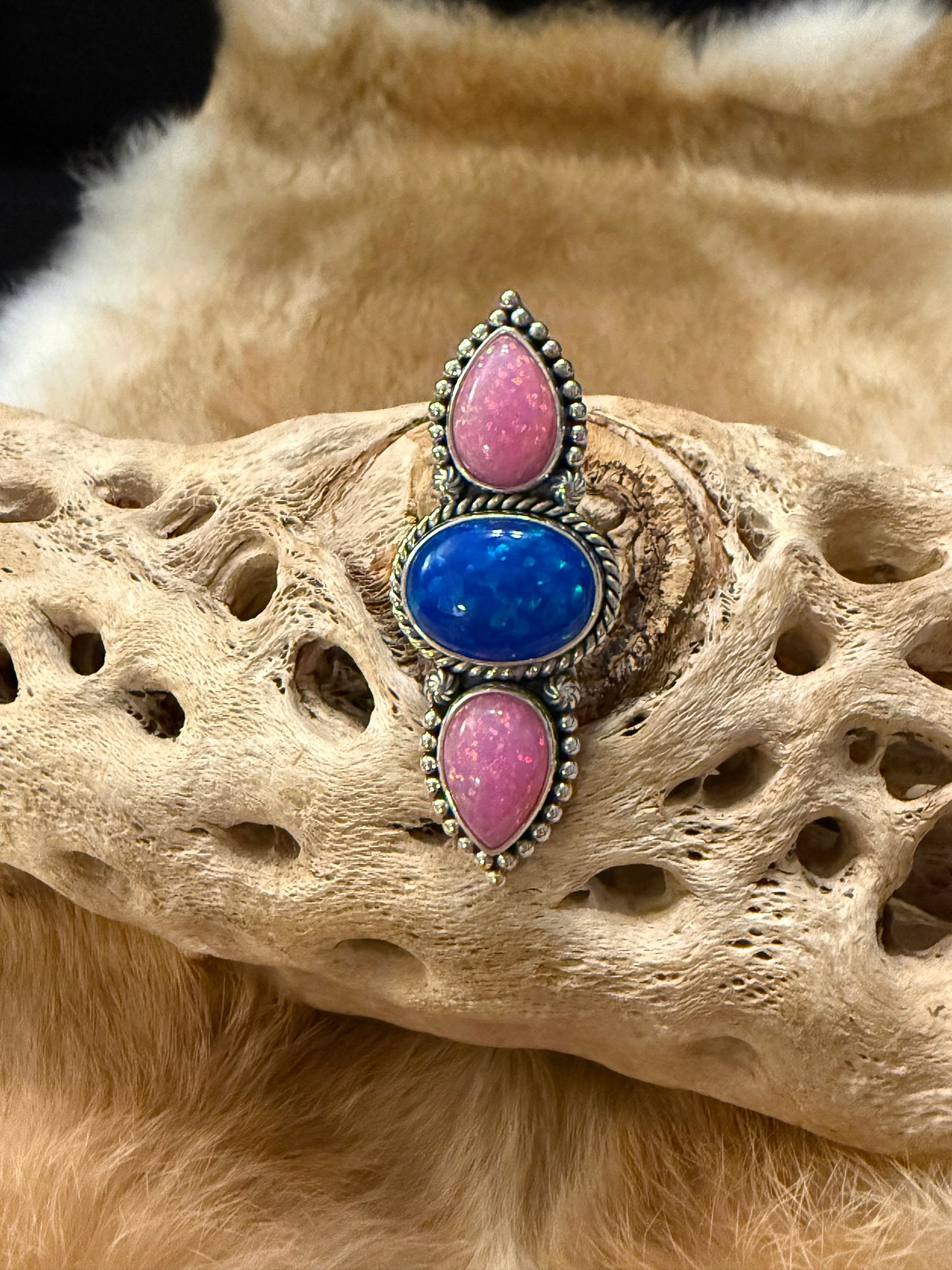 Neon Pink And Blue Opal Sterling Silver Ring