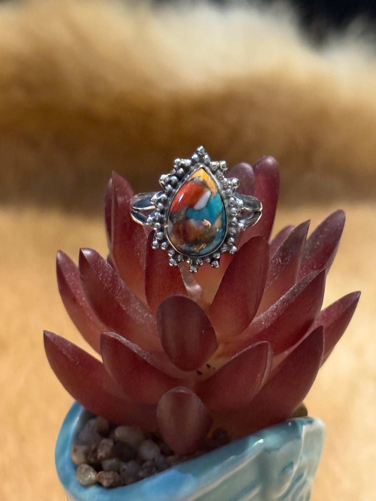 Desert Mosaic Spiny Oyster and Turquoise Ring