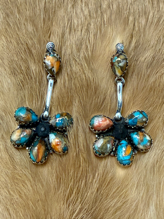 Turquoise & Spiny Oyster Cluster Earrings