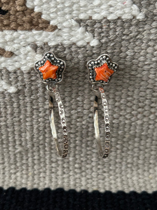 Spiny Oyster Star and Sterling Silver Hoop Earrings