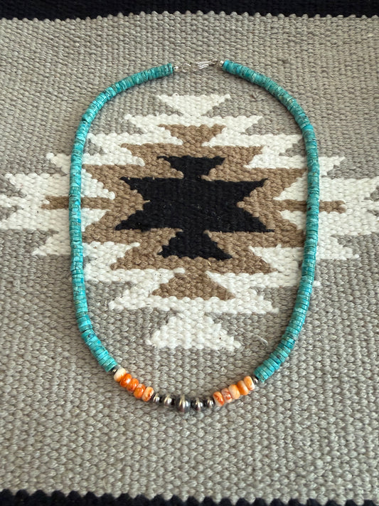 Turquoise, Spiny Oyster And Navajo Pearl Heishi Necklace