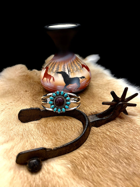 Sterling Silver Turquoise and Purple Spiny Oyster Floral Cuff Bracelet