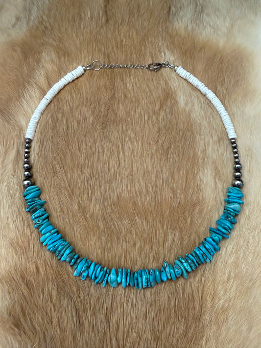 Kingman Turquoise, White Shells And Navajo Pearls Necklace