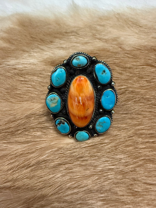 Orange Spiny Oyster & Turquoise Cluster Ring