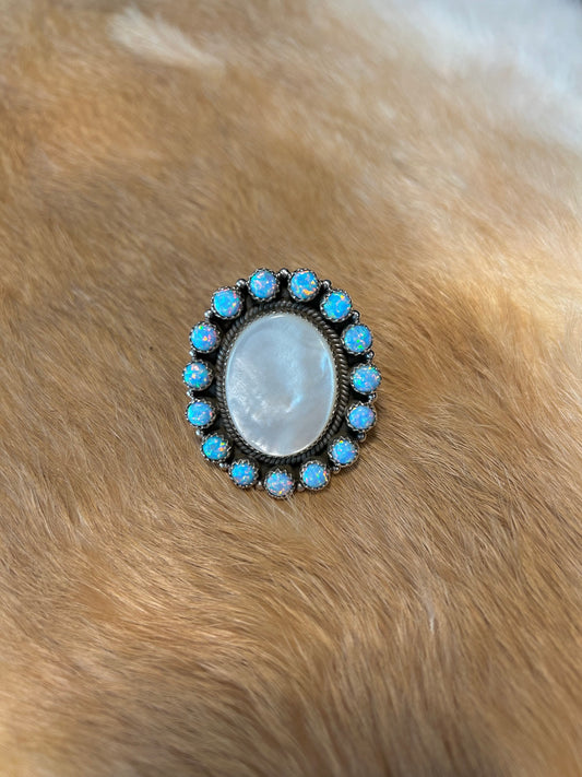 Sterling Silver Mother of Pearl and Opal Halo Ring