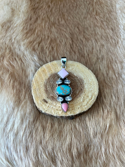 Southwest Turquoise, Pink Conch & Cubic Zirconia Pendant