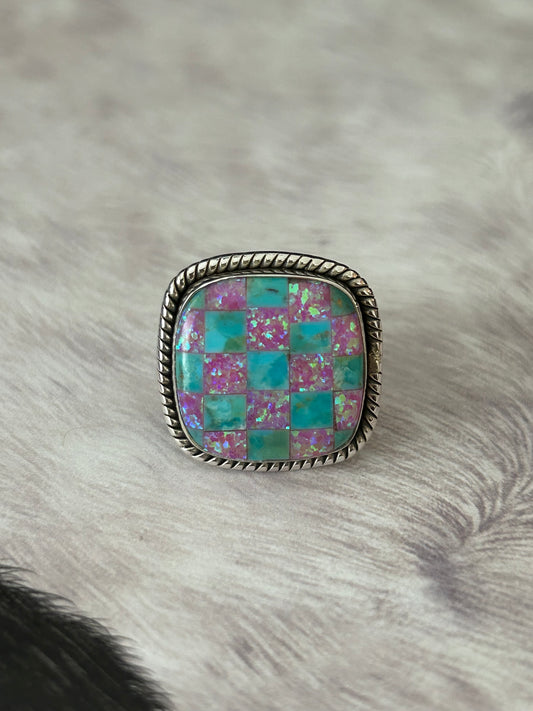 Southwest Checkerboard Pink Opal & Turquoise Ring