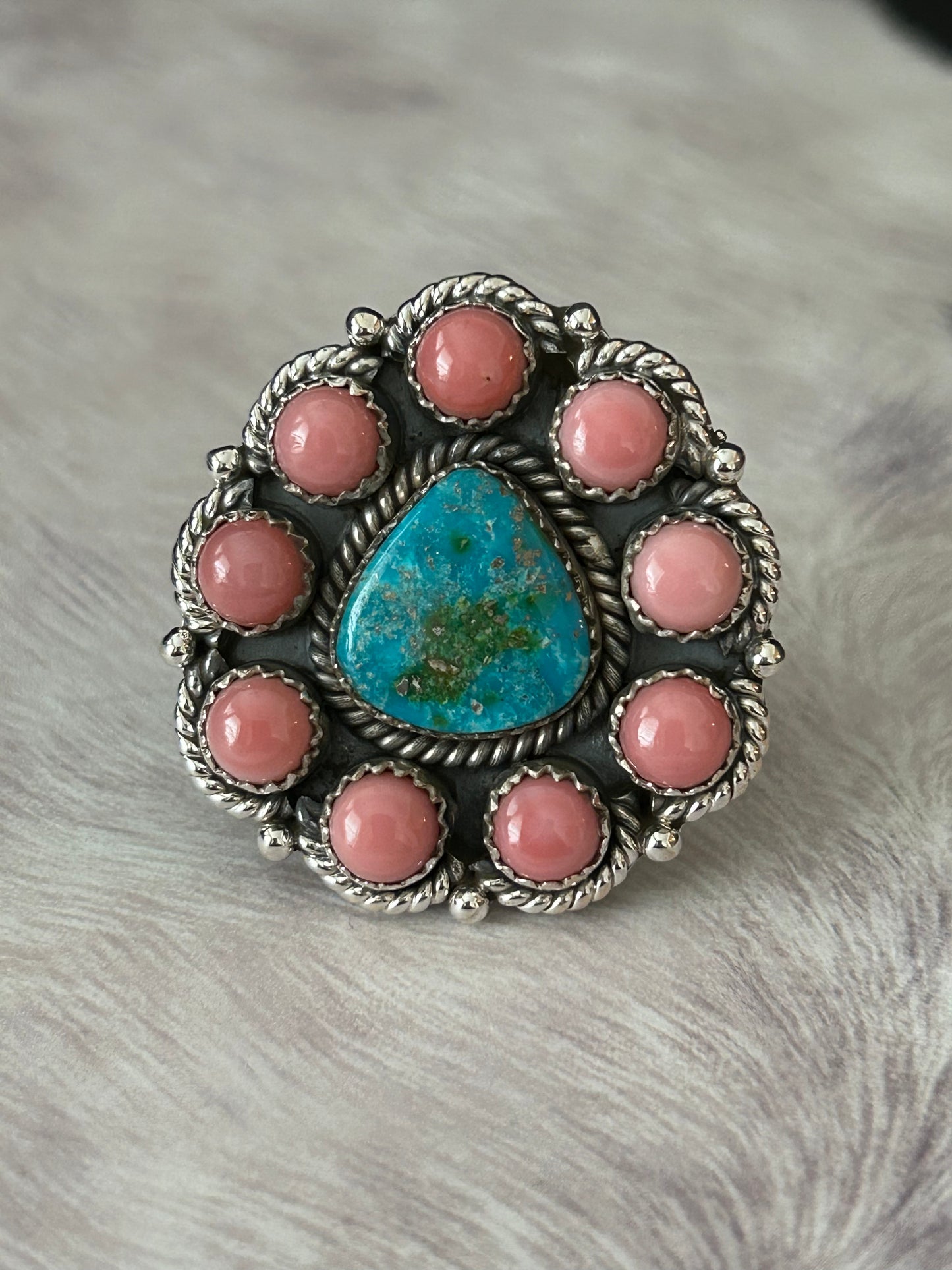 Southwest Sterling Silver Pink Conch and Turquoise Cluster Ring