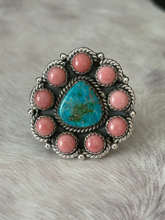Southwest Sterling Silver Pink Conch and Turquoise Cluster Ring