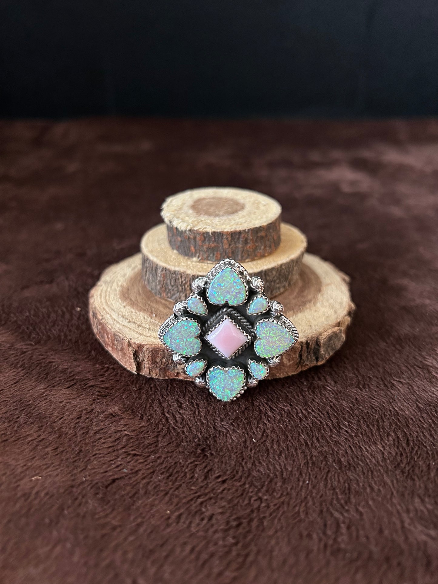 Southwest Sterling Silver with Opal Hearts & Pink Conch Statement Ring