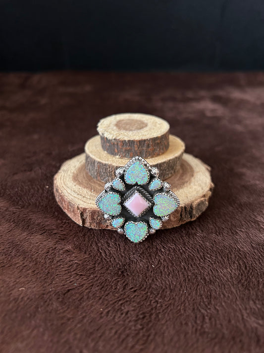 Southwest Sterling Silver with Opal Hearts & Pink Conch Statement Ring