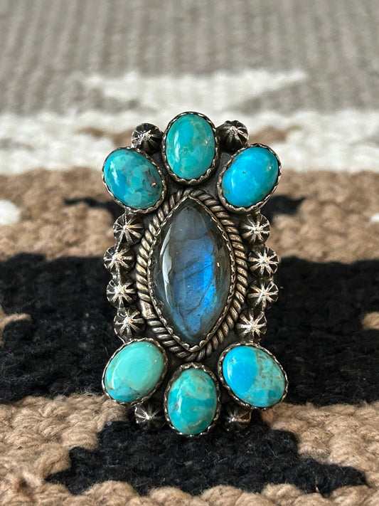 Southwest Sterling Silver Labradorite and Turquoise Statement Ring