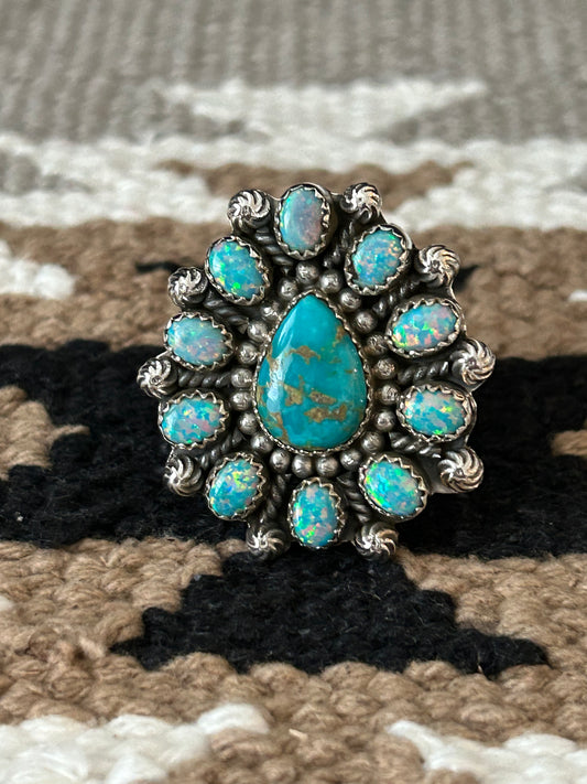 Southwest Sterling Silver Turquoise and Opal Cluster Ring