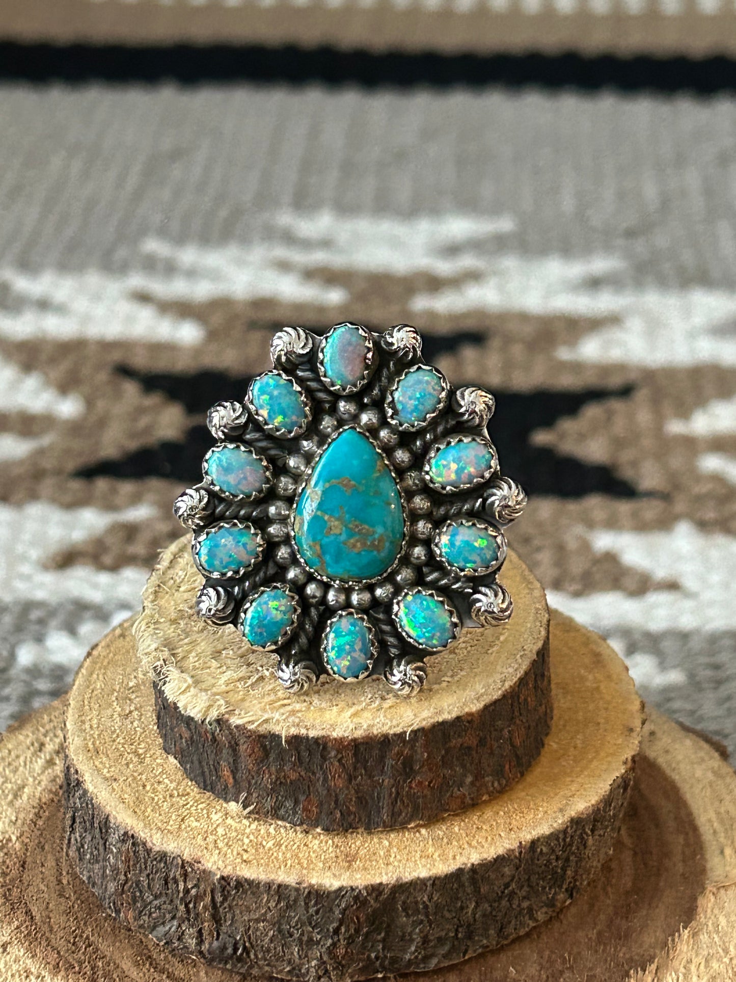 Southwest Sterling Silver Turquoise and Opal Cluster Ring