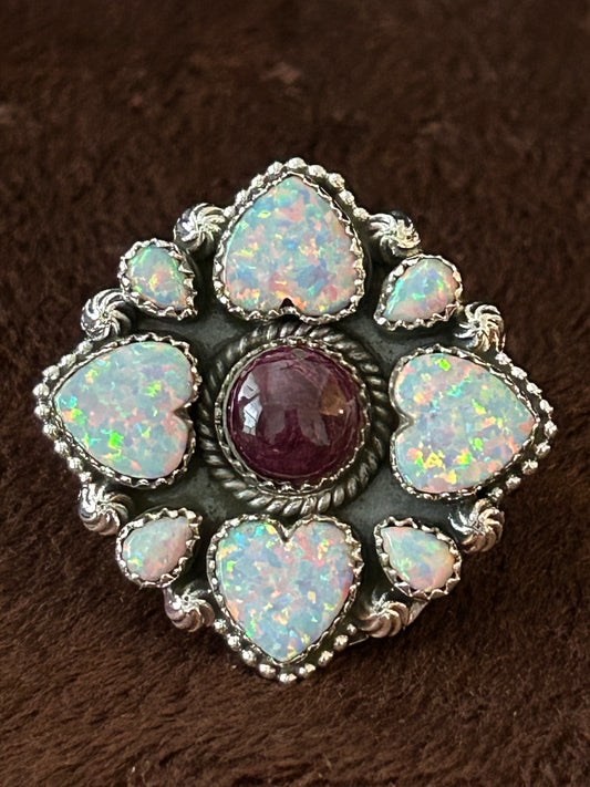 Southwest Sterling Silver Opal and Purple Spiny Oyster Statement Ring
