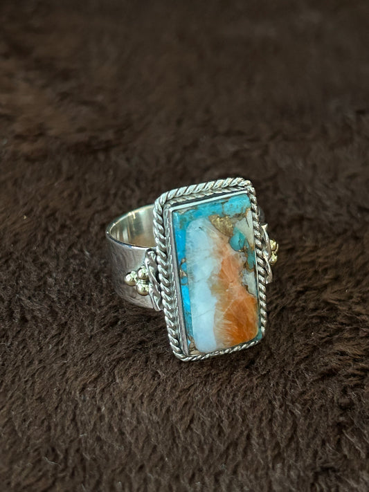 Southwest Sterling Silver Spiny Oyster & Turquoise Ring