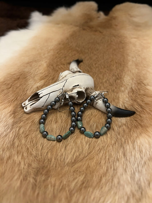 Southwest Hematite and Turquoise Beaded Hoop Earrings
