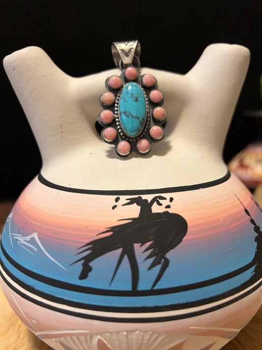 Sterling Silver Turquoise and Pink Conch Shell Pendant
