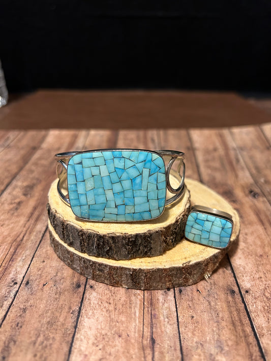 Sterling Silver Turquoise Inlay Cuff Bracelet and Ring Set