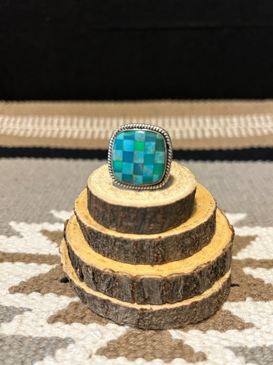 Sterling Silver Turquoise and Opal Checkerboard Inlay Ring