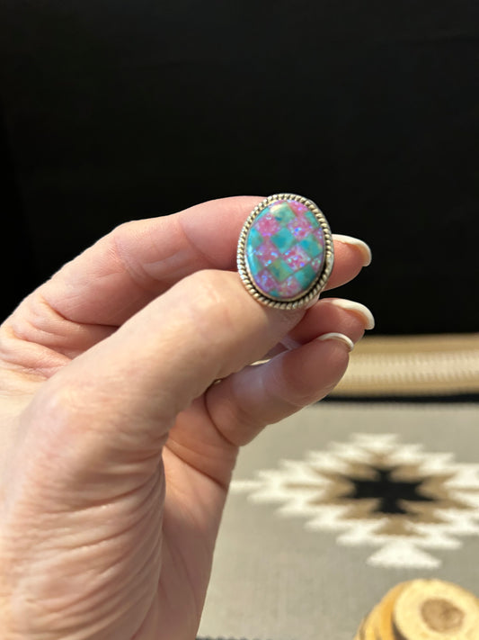 Sterling Silver Pink Opal and Turquoise Checkerboard Inlay Ring