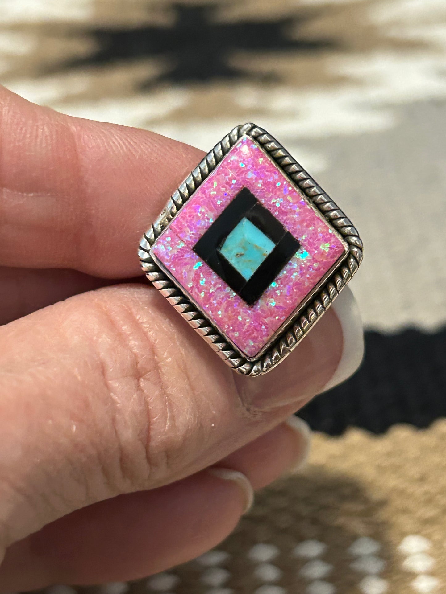 Sterling Silver Pink Opal, Turquoise, and Black Onyx Inlay Ring