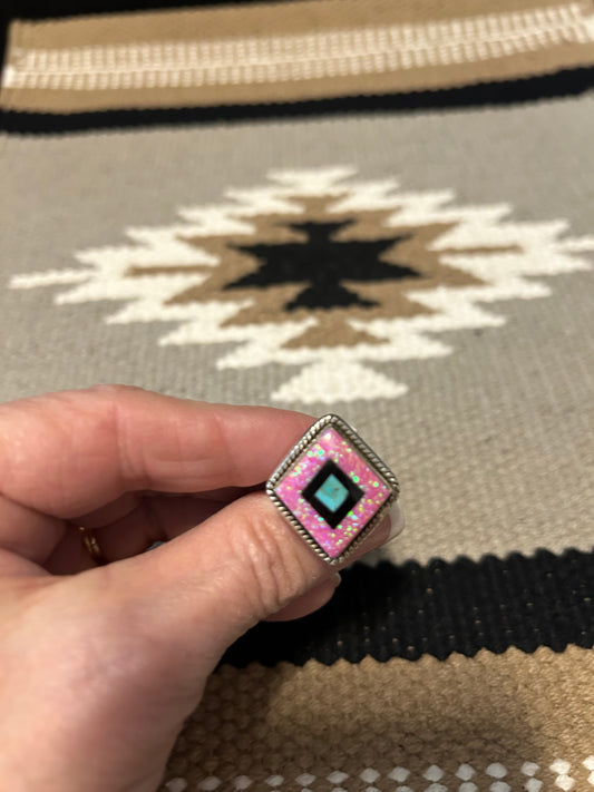 Sterling Silver Pink Opal, Turquoise, and Black Onyx Inlay Ring