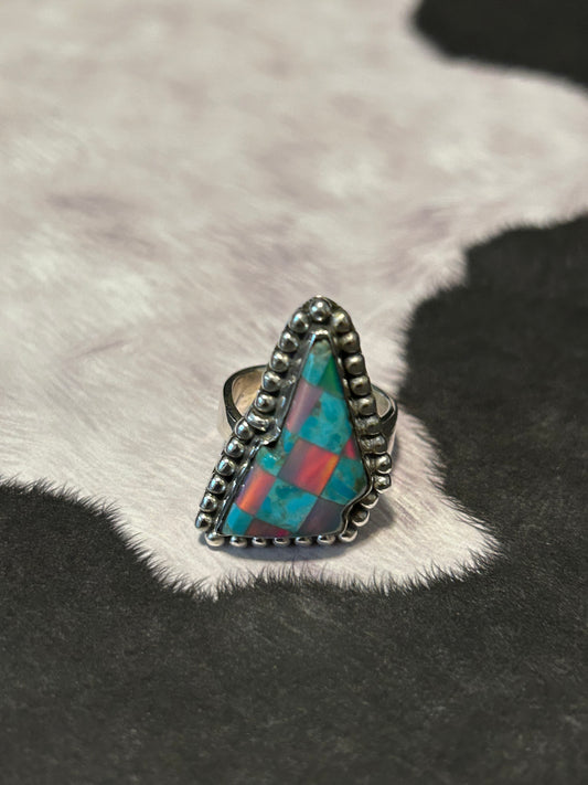 Sterling Silver Turquoise and Opal Lightning Bolt Ring