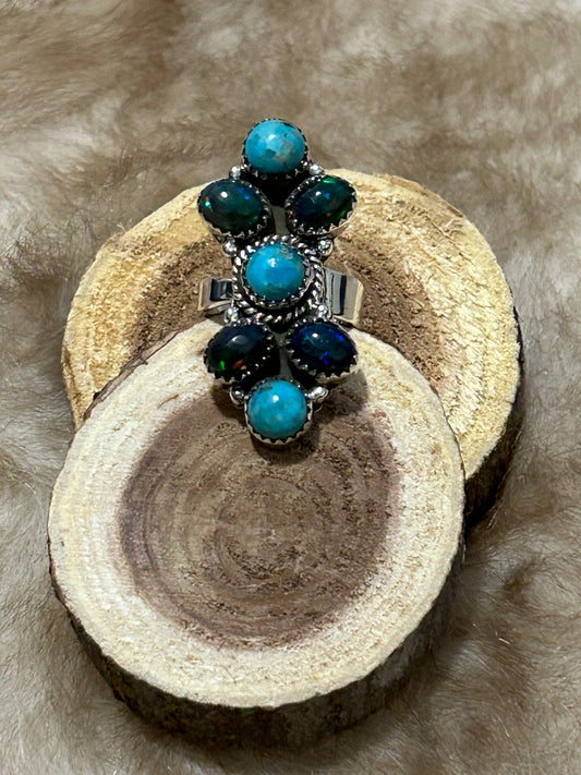 Sterling Silver Turquoise and Black Opal Cluster Ring