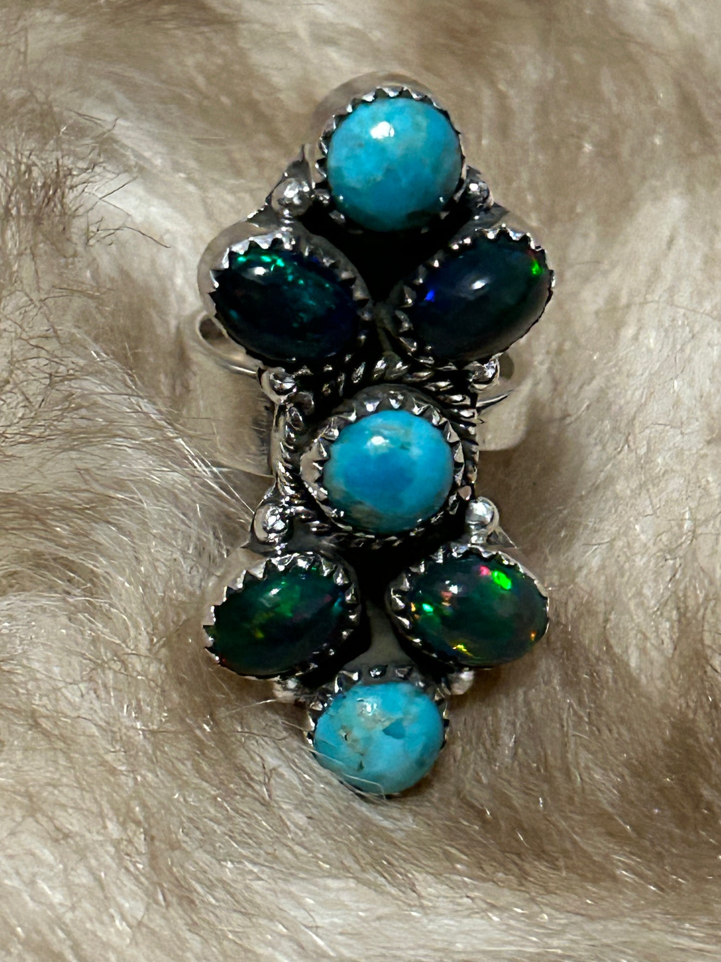 Sterling Silver Turquoise and Black Opal Cluster Ring