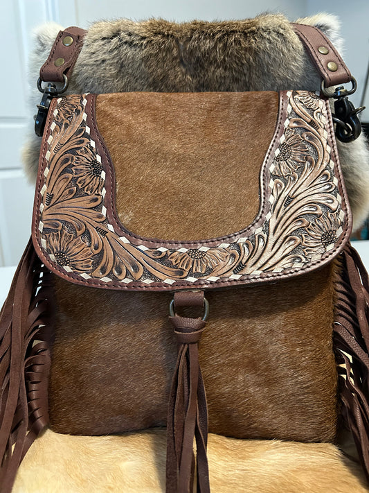 Saddle Ridge Tooled Leather & Hair on Cowhide Crossbody