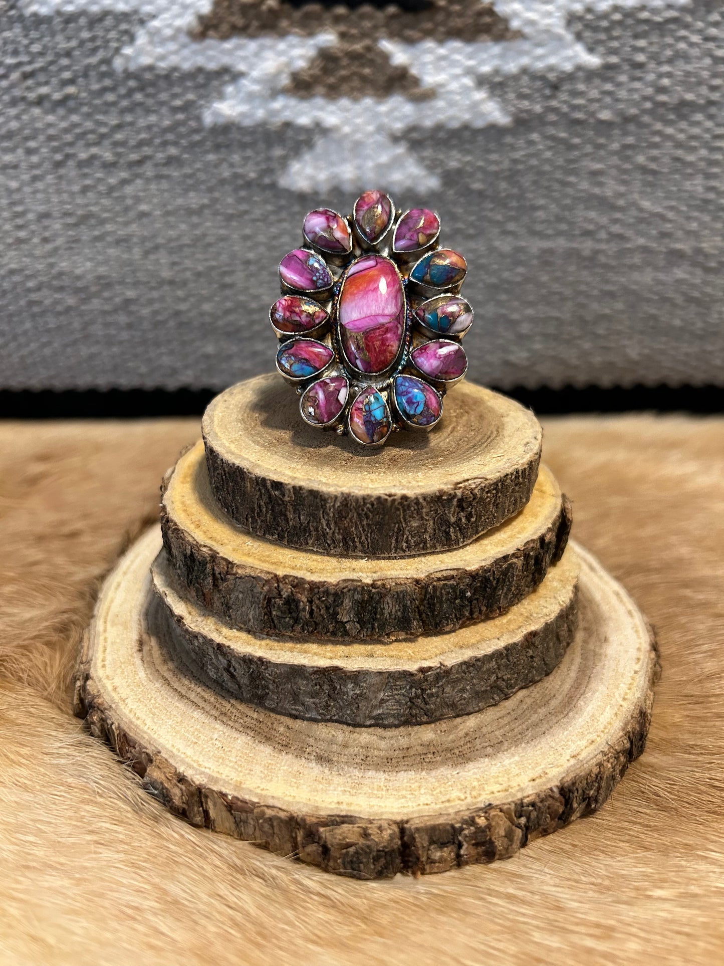 Southwest Pink Spiny Oyster & Turquoise Cluster Sterling Silver Ring