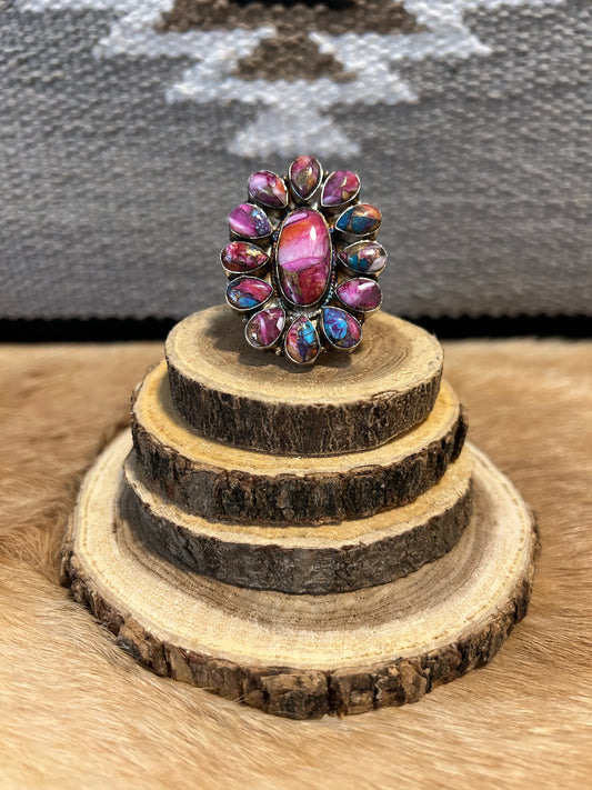 Southwest Pink Spiny Oyster & Turquoise Cluster Sterling Silver Ring
