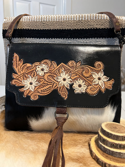 Western Bloom Tooled Leather & Cowhide Crossbody