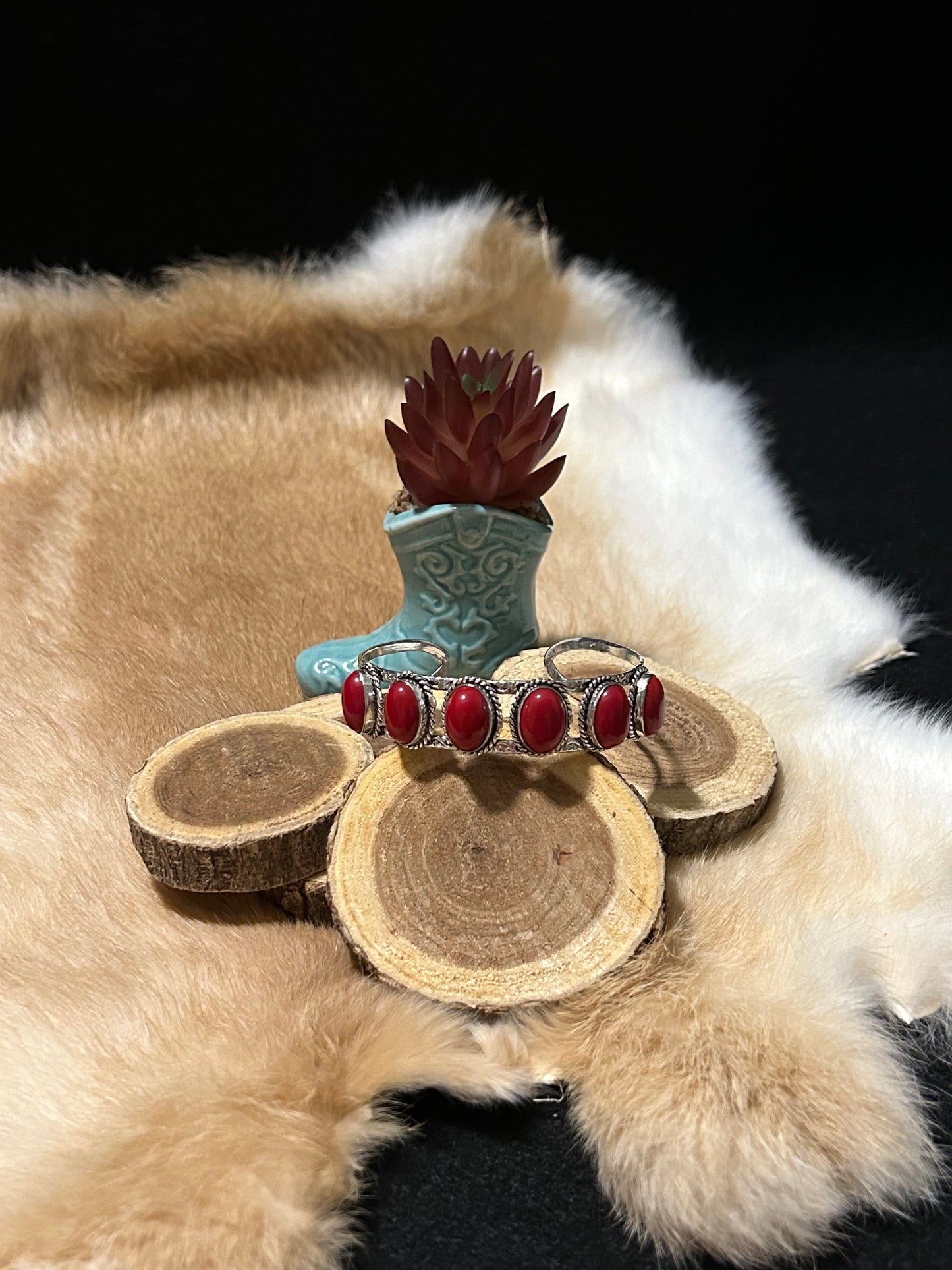 Southwest Red Coral Sterling Silver Cuff Bracelet